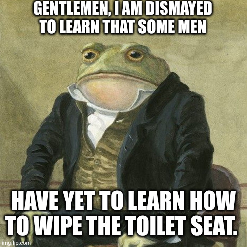 Wipe or die, dudes! | GENTLEMEN, I AM DISMAYED TO LEARN THAT SOME MEN; HAVE YET TO LEARN HOW TO WIPE THE TOILET SEAT. | image tagged in gentlemen it is with great pleasure to inform you that,toilet seat,toilet humor,memes,toad,hygiene | made w/ Imgflip meme maker