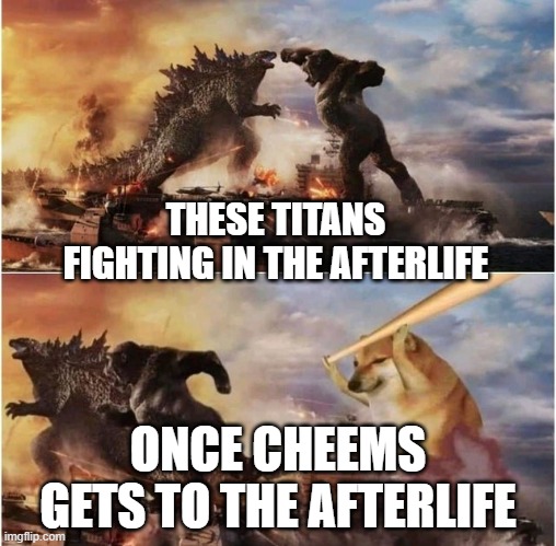 Kaimnjumns and cheems | THESE TITANS FIGHTING IN THE AFTERLIFE; ONCE CHEEMS GETS TO THE AFTERLIFE | image tagged in godzilla vs kong vs cheems,cheems | made w/ Imgflip meme maker