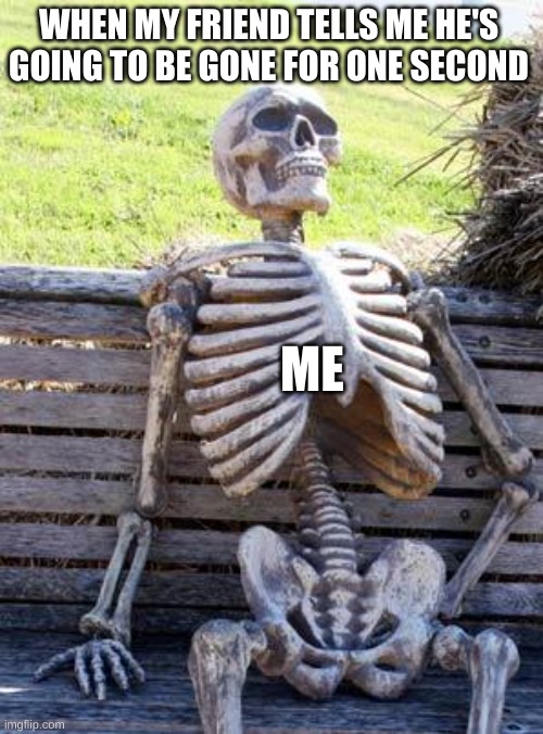 gone for one second | WHEN MY FRIEND TELLS ME HE'S GOING TO BE GONE FOR ONE SECOND; ME | image tagged in memes,waiting skeleton,funny,friends | made w/ Imgflip meme maker