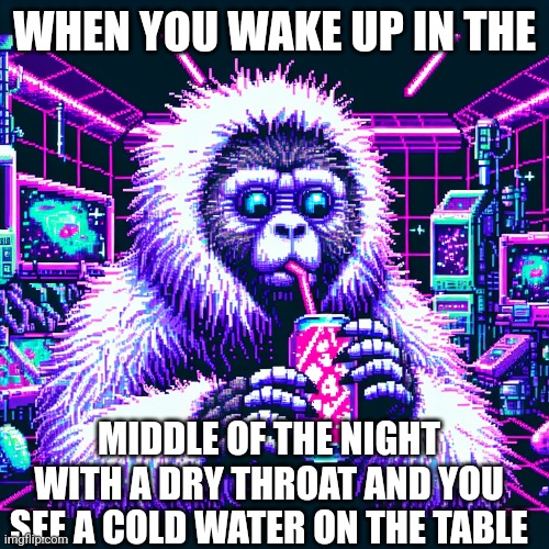 When you wake up in the middle of the night with a dry throat | WHEN YOU WAKE UP IN THE; MIDDLE OF THE NIGHT WITH A DRY THROAT AND YOU SEE A COLD WATER ON THE TABLE | image tagged in memes,funny,8-bit,cool art | made w/ Imgflip meme maker
