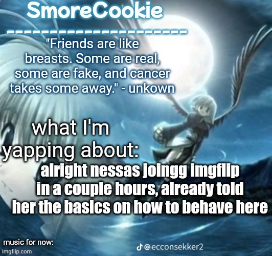 tweaks nightcore ass template | alright nessas joingg imgflip in a couple hours, already told her the basics on how to behave here | image tagged in tweaks nightcore ass template | made w/ Imgflip meme maker