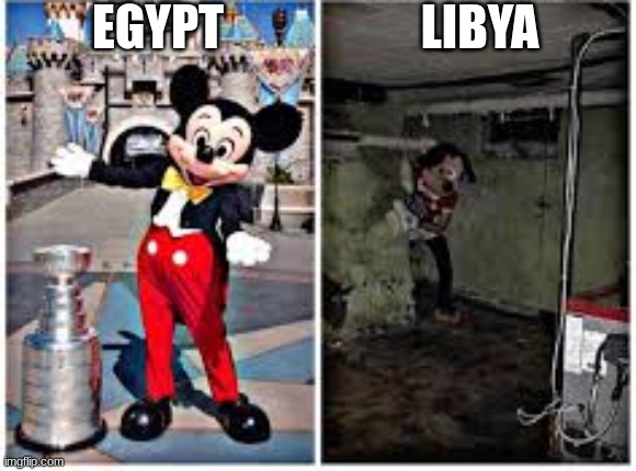 igipt and libiah | EGYPT; LIBYA | image tagged in mickey mouse in disneyland | made w/ Imgflip meme maker