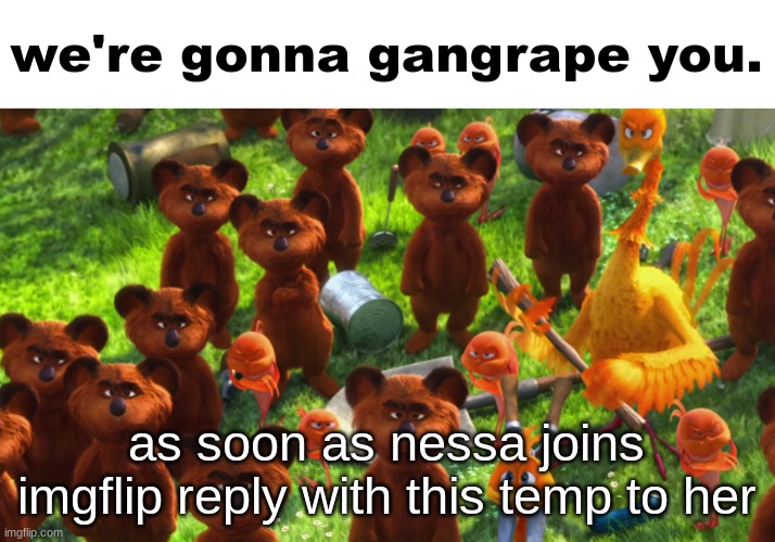 we're gonna gangrape you | as soon as nessa joins imgflip reply with this temp to her | image tagged in we're gonna gangrape you | made w/ Imgflip meme maker