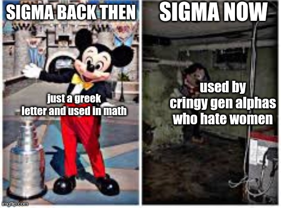 smegma | SIGMA NOW; SIGMA BACK THEN; used by cringy gen alphas who hate women; just a greek letter and used in math | image tagged in mickey mouse in disneyland | made w/ Imgflip meme maker