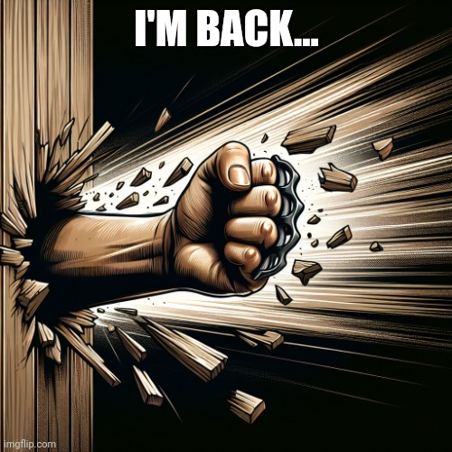 I'm back!! | I'M BACK... | image tagged in a hole being punched into a door | made w/ Imgflip meme maker