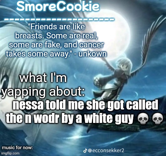 tweaks nightcore ass template | nessa told me she got called the n wodr by a white guy 💀💀 | image tagged in tweaks nightcore ass template | made w/ Imgflip meme maker