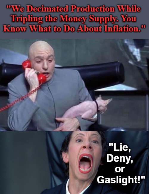 Dr Evil and Frau | "We Decimated Production While 

Tripling the Money Supply. You 

Know What to Do About Inflation." "Lie, 

Deny, 

or 

Gaslight!" | image tagged in dr evil and frau | made w/ Imgflip meme maker