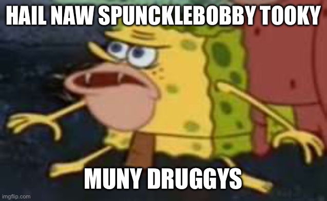 Spungy took druggys | HAIL NAW SPUNCKLEBOBBY TOOKY; MUNY DRUGGYS | image tagged in memes,spongegar | made w/ Imgflip meme maker