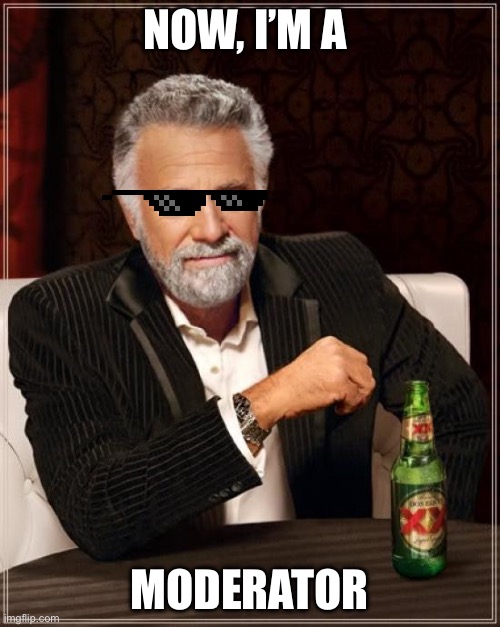Hey! Guess what? I’m a moderator now | NOW, I’M A; MODERATOR | image tagged in memes,the most interesting man in the world | made w/ Imgflip meme maker