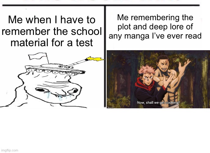 comparison table | Me remembering the plot and deep lore of any manga I’ve ever read; Me when I have to remember the school material for a test | image tagged in comparison table | made w/ Imgflip meme maker