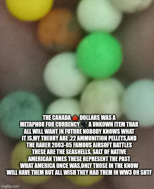 "CANADIAN DOLLARS" | THE CANADA 🍁 DOLLARS WAS A METAPHOR FOR CURRENCY 💱 A UNKOWN ITEM THAR ALL WILL WANT IN FUTURE NOBODY KNOWS WHAT IT IS,MY THEORY ARE .22 AMMUNITION PELLETS,AND THE RARER 2003-05 FAMOUS AIRSOFT BATTLES THESE ARE THE SEASHELLS, SALT OF NATIVE AMERICAN TIMES THESE REPRESENT THE PAST WHAT AMERICA ONCE WAS,ONLY THOSE IN THE KNOW WILL HAVE THEM BUT ALL WISH THEY HAD THEM IN WW3 OR SHTF | made w/ Imgflip meme maker