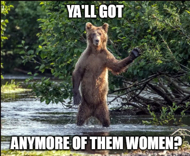 Some women said they would rather be alone in the woods with a bear than a man | YA'LL GOT; ANYMORE OF THEM WOMEN? | image tagged in bear,women,feminists | made w/ Imgflip meme maker