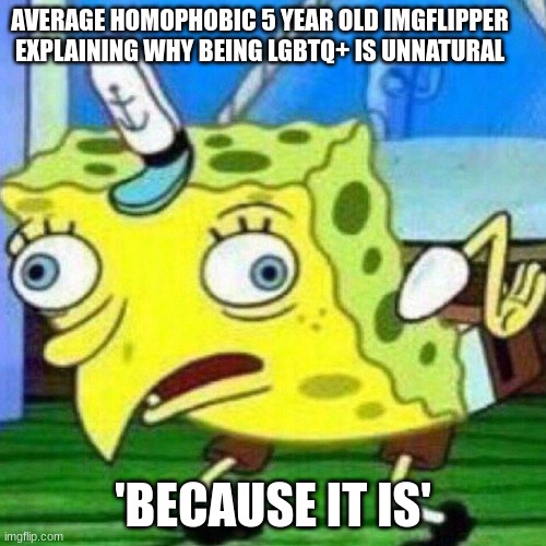 triggerpaul | AVERAGE HOMOPHOBIC 5 YEAR OLD IMGFLIPPER EXPLAINING WHY BEING LGBTQ+ IS UNNATURAL; 'BECAUSE IT IS' | image tagged in triggerpaul | made w/ Imgflip meme maker