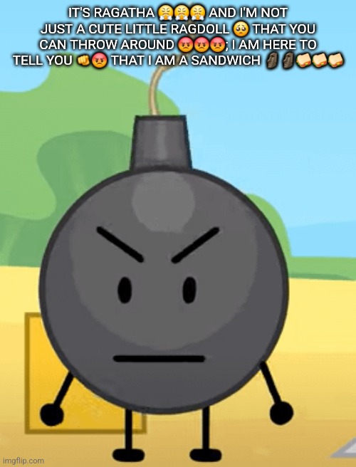 Why is bro angy like that | IT'S RAGATHA 😤😤😤 AND I'M NOT JUST A CUTE LITTLE RAGDOLL 🥺 THAT YOU CAN THROW AROUND 😡😡😡; I AM HERE TO TELL YOU 🫵😡 THAT I AM A SANDWICH 🗿🗿🥪🥪🥪 | image tagged in why is bro angy like that | made w/ Imgflip meme maker