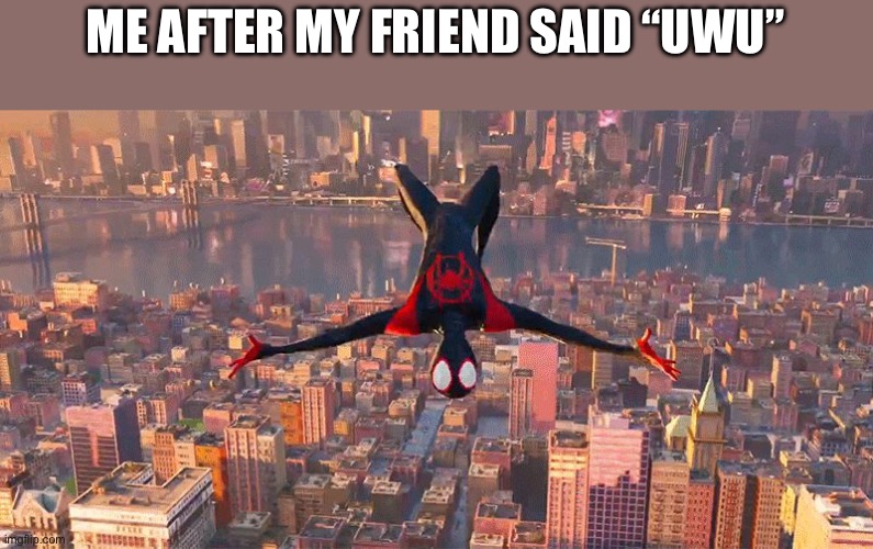 Miles Jumping Down | ME AFTER MY FRIEND SAID “UWU” | image tagged in miles jumping down | made w/ Imgflip meme maker