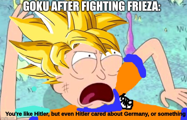 You're like Hitler | GOKU AFTER FIGHTING FRIEZA:; You're like Hitler, but even Hitler cared about Germany, or something | image tagged in you're like hitler | made w/ Imgflip meme maker