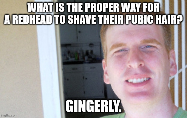 Red Heads | WHAT IS THE PROPER WAY FOR A REDHEAD TO SHAVE THEIR PUBIC HAIR? GINGERLY. | image tagged in red hair guy | made w/ Imgflip meme maker