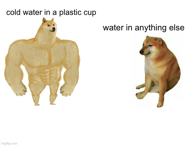 can't change my mind, plastic cup the goat! | cold water in a plastic cup; water in anything else | image tagged in memes,buff doge vs cheems | made w/ Imgflip meme maker