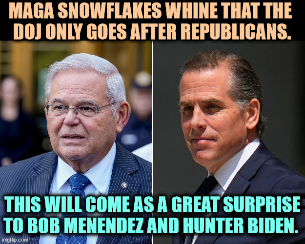 MAGA plays the whining victim again, even if there are no facts to support it. | MAGA SNOWFLAKES WHINE THAT THE 
DOJ ONLY GOES AFTER REPUBLICANS. THIS WILL COME AS A GREAT SURPRISE TO BOB MENENDEZ AND HUNTER BIDEN. | image tagged in bob menendez,hunter biden,maga,whining,victims,again | made w/ Imgflip meme maker