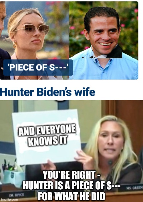 Pieces of Hunter | YOU'RE RIGHT -
HUNTER IS A PIECE OF S---
FOR WHAT HE DID | image tagged in biden,trial,hookers,felon,liberals | made w/ Imgflip meme maker