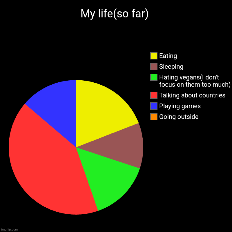 My life(so far) | Going outside, Playing games, Talking about countries, Hating vegans(I don't focus on them too much), Sleeping, Eating | image tagged in charts,pie charts | made w/ Imgflip chart maker