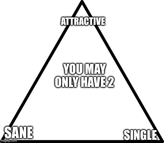 triangle | ATTRACTIVE; YOU MAY ONLY HAVE 2; SANE; SINGLE | image tagged in triangle | made w/ Imgflip meme maker