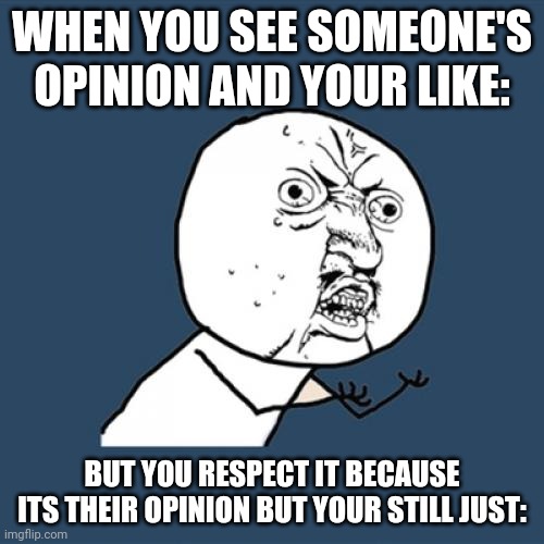 Y U No Meme | WHEN YOU SEE SOMEONE'S OPINION AND YOUR LIKE:; BUT YOU RESPECT IT BECAUSE ITS THEIR OPINION BUT YOUR STILL JUST: | image tagged in memes,y u no | made w/ Imgflip meme maker