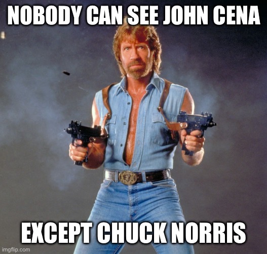 Chuck Norris Guns Meme | NOBODY CAN SEE JOHN CENA; EXCEPT CHUCK NORRIS | image tagged in memes,chuck norris guns,chuck norris | made w/ Imgflip meme maker