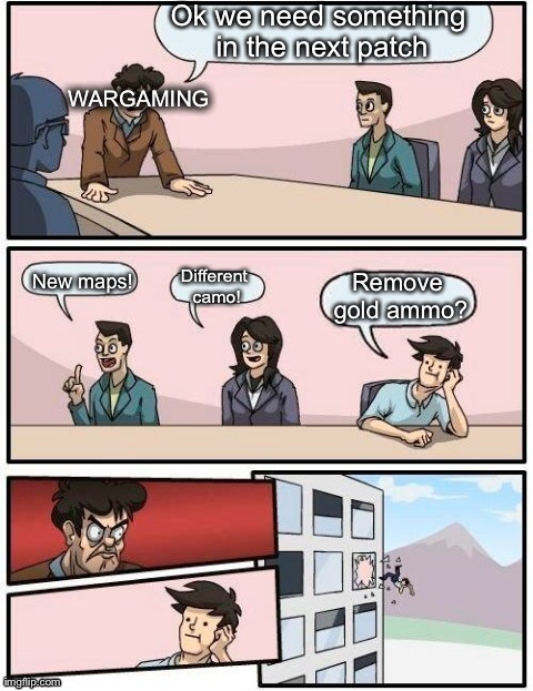 Boardroom Meeting Suggestion | Ok we need something in the next patch Different camo! New maps! Remove gold ammo? WARGAMING | image tagged in memes,boardroom meeting suggestion | made w/ Imgflip meme maker