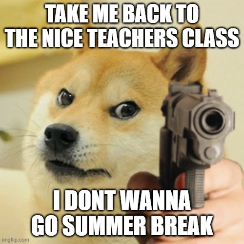 Doge holding a gun | TAKE ME BACK TO THE NICE TEACHERS CLASS; I DONT WANNA GO SUMMER BREAK | image tagged in doge holding a gun | made w/ Imgflip meme maker