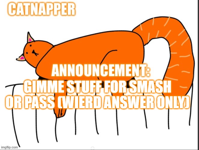 cat | GIMME STUFF FOR SMASH OR PASS (WIERD ANSWER ONLY) | image tagged in catnapper anoint temp | made w/ Imgflip meme maker