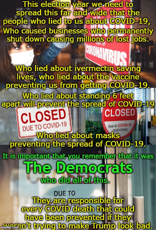 There were 1 or 2 Republicans who locked their cities down but by and large it was the Democrats who tried to destroy America. | This election year we need to spread this far and wide that the people who lied to us about COVID-19, Who caused businesses who permanently shut down causing millions of lost jobs. Who lied about ivermectin saving lives, who lied about the vaccine preventing us from getting COVID-19. Who lied about standing 6 feet apart will prevent the spread of COVID-19; Who lied about masks preventing the spread of COVID-19. It is important that you remember that it was; The Democrats; who did all of this. They are responsible for every COVID death that could have been prevented if they weren't trying to make Trump look bad. | image tagged in it was all lies,democrat lies,democrats lied and people died | made w/ Imgflip meme maker