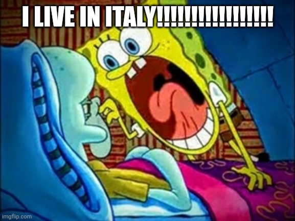 spongebob yelling | I LIVE IN ITALY!!!!!!!!!!!!!!!!! | image tagged in spongebob yelling | made w/ Imgflip meme maker