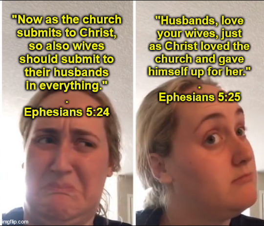 When Modern Women Read the Bible, part 1 | "Now as the church
submits to Christ,
so also wives
should submit to
their husbands
in everything."
.
Ephesians 5:24; "Husbands, love
your wives, just
as Christ loved the
church and gave
himself up for her."
.
Ephesians 5:25 | image tagged in kombucha girl,marriage,bride of christ,submit,sacrifice,feminism | made w/ Imgflip meme maker