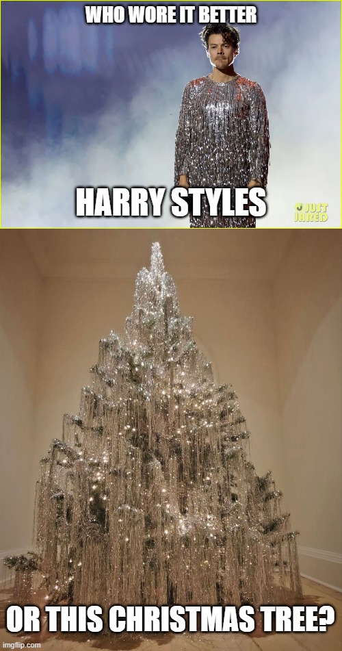 Who Wore It Better Wednesday #213 - Silver strands | WHO WORE IT BETTER; HARRY STYLES; OR THIS CHRISTMAS TREE? | image tagged in memes,who wore it better,harry styles,christmas tree,singers,christmas | made w/ Imgflip meme maker