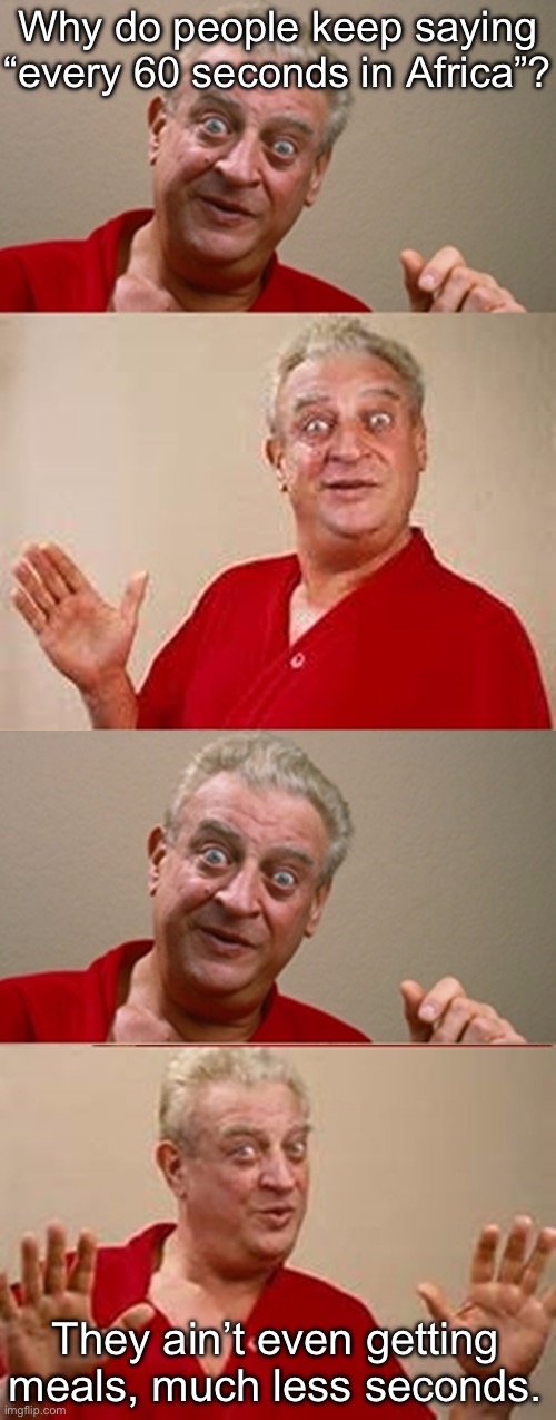 Africa | Why do people keep saying “every 60 seconds in Africa”? They ain’t even getting meals, much less seconds. | image tagged in bad pun rodney dangerfield,africa,starvation | made w/ Imgflip meme maker