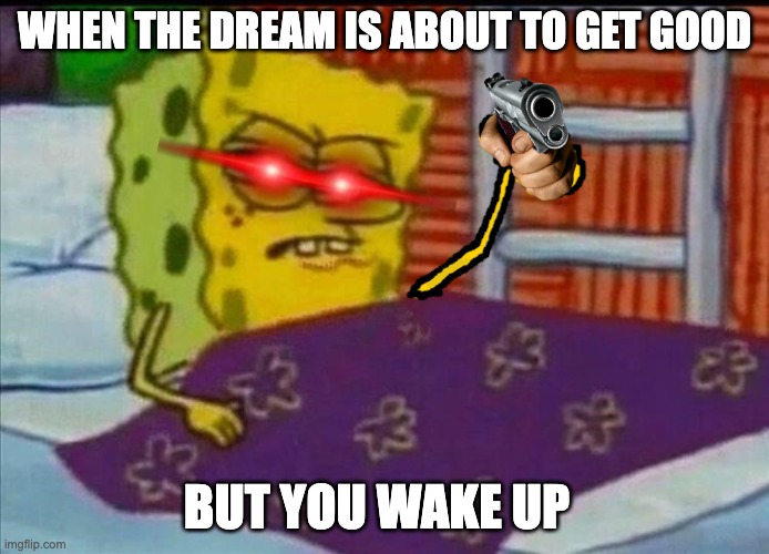 waking up when the dream's about to get good: | WHEN THE DREAM IS ABOUT TO GET GOOD; BUT YOU WAKE UP | image tagged in spongebob wakes up angry | made w/ Imgflip meme maker