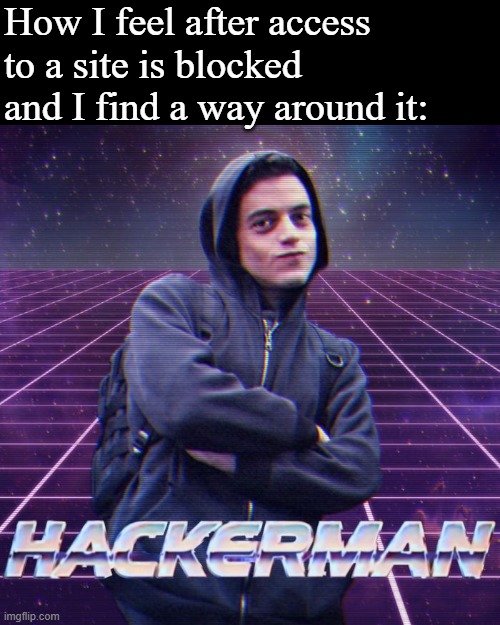 hackerman | How I feel after access to a site is blocked and I find a way around it: | image tagged in hackerman | made w/ Imgflip meme maker