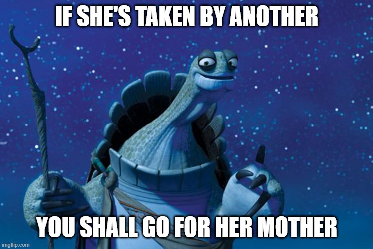 Master Oogway | IF SHE'S TAKEN BY ANOTHER; YOU SHALL GO FOR HER MOTHER | image tagged in master oogway | made w/ Imgflip meme maker