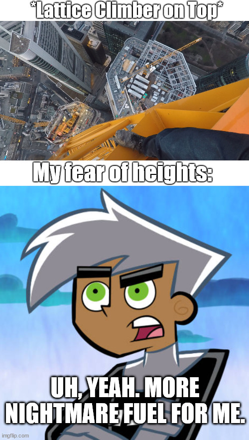 Free climber on a tall crane | *Lattice Climber on Top*; My fear of heights:; UH, YEAH. MORE NIGHTMARE FUEL FOR ME. | image tagged in danny phantom,sport,meme,lattice climbing,klettern,meme template | made w/ Imgflip meme maker