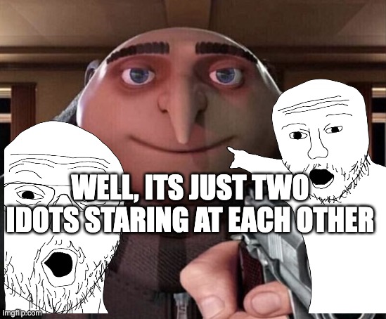 Two Idiots | WELL, ITS JUST TWO IDOTS STARING AT EACH OTHER | image tagged in gru gun,idiot | made w/ Imgflip meme maker