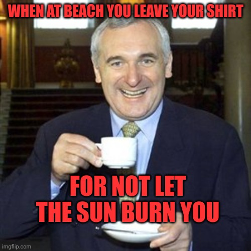 Happy Bertie | WHEN AT BEACH YOU LEAVE YOUR SHIRT; FOR NOT LET THE SUN BURN YOU | image tagged in happy bertie | made w/ Imgflip meme maker