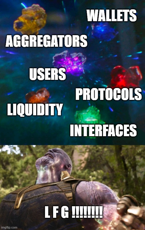 LFG THANOS | WALLETS; AGGREGATORS; USERS; PROTOCOLS; LIQUIDITY; INTERFACES; L F G !!!!!!!! | image tagged in avengers infinity stones thanos | made w/ Imgflip meme maker