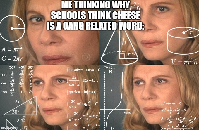 thinking | ME THINKING WHY SCHOOLS THINK CHEESE IS A GANG RELATED WORD: | image tagged in calculating meme | made w/ Imgflip meme maker