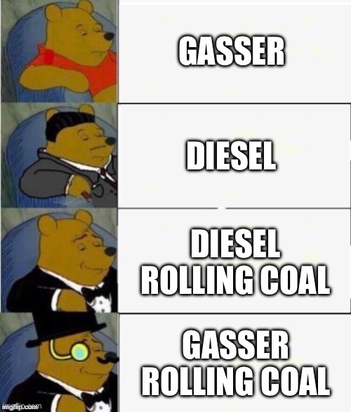 Tuxedo Winnie the Pooh 4 panel | GASSER; DIESEL; DIESEL ROLLING COAL; GASSER ROLLING COAL | image tagged in tuxedo winnie the pooh 4 panel,epa,diesel,gasser,trucks,inability to park within the lines | made w/ Imgflip meme maker