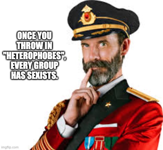 It's just not straight people anymore. | ONCE YOU THROW IN "HETEROPHOBES", EVERY GROUP HAS SEXISTS. | image tagged in hmm captain obvious | made w/ Imgflip meme maker