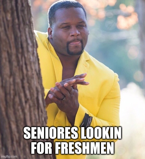 Black guy hiding behind tree | SENIORES LOOKIN FOR FRESHMEN | image tagged in black guy hiding behind tree | made w/ Imgflip meme maker