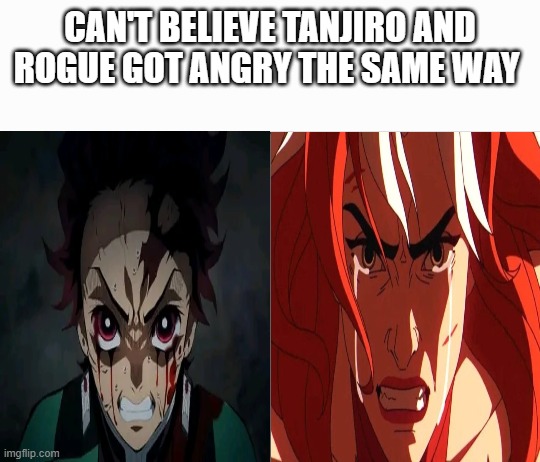 demon slayer facts | CAN'T BELIEVE TANJIRO AND ROGUE GOT ANGRY THE SAME WAY | image tagged in side-by-side panels,demon slayer,tanjiro,anime,marvel,they re the same thing | made w/ Imgflip meme maker