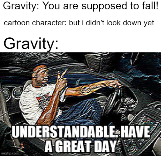 Like it keeps happening everytime | Gravity: You are supposed to fall! cartoon character: but i didn't look down yet; Gravity: | image tagged in understandable have a great day,cartoon,logic,memes,funny | made w/ Imgflip meme maker