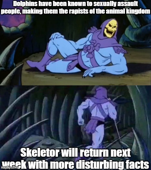 It's true | Dolphins have been known to sexually assault people, making them the rapists of the animal kingdom; Skeletor will return next week with more disturbing facts | image tagged in skeletor disturbing facts,dolphins,sexual assault,rapist | made w/ Imgflip meme maker